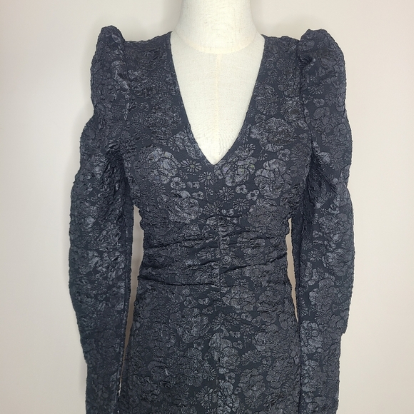 Ganni Black Long Puff Sleeve Ruched Feminine Jacquard Mini Dress Women 34 XS - Picture 3 of 8